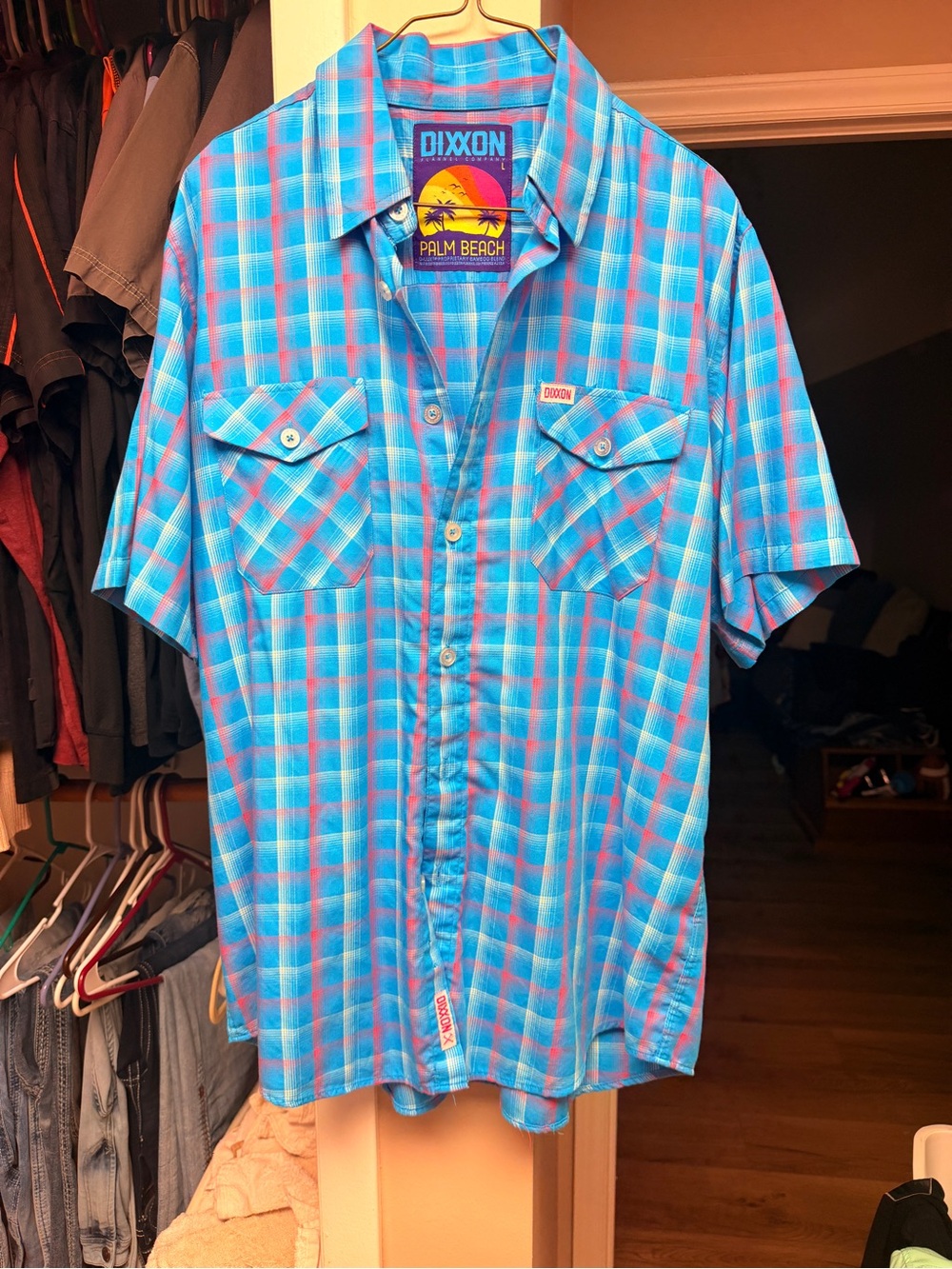 DIXXON Blue and Pink Plaid Short Sleeve Button-Down Shirt